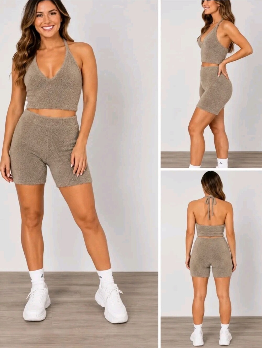 Gymshark Cozy Fuzzy Knit 2pc Lounge Set Halter Crop Top Biker Shorts Taupe Small